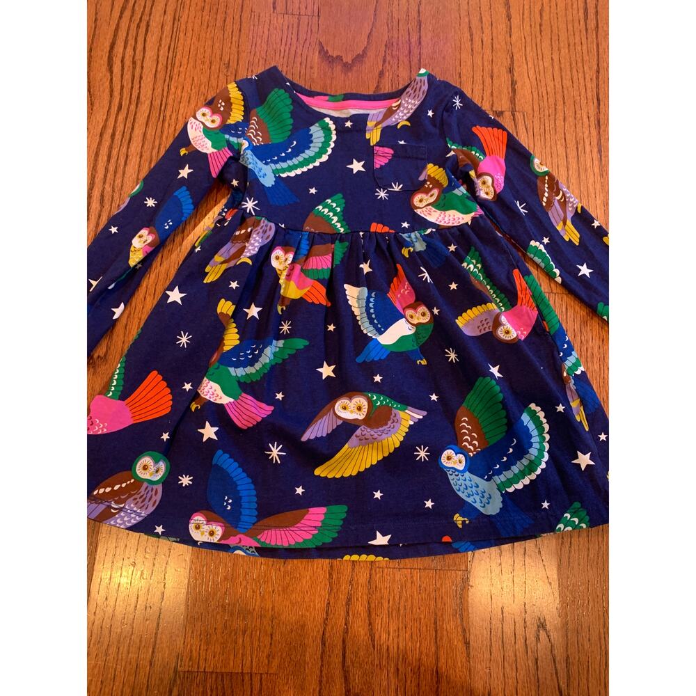Mini Boden Owl Print Long Sleeve Cotton Jersey Dress | Navy Blue | 4-5Y - Picture 3 of 8